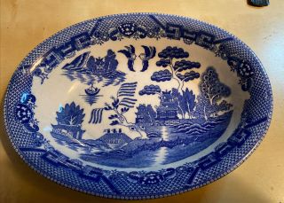 Vintage Blue Willow Serving Bowl 10 1/8” By 7 3/4” By 2”.  Marked Japan.