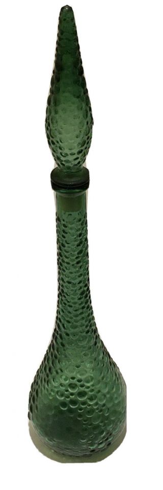 Vtg Tall Green Decanter Italian Bubble Hobnail Art Glass 22 " Genie Bottle Italy