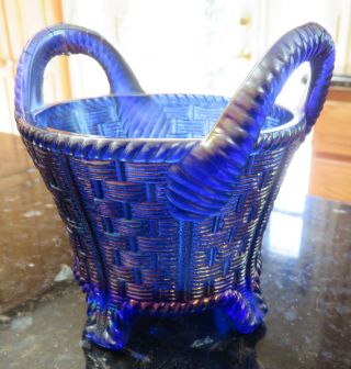 Northwood Blue Blue Carnival Glass Bushel Basket Circa 1908 Bright Iridescence
