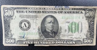 1934 A $500 Federal Reserve Note,  Not Graded,  Five Hundred Dollars A00032016a