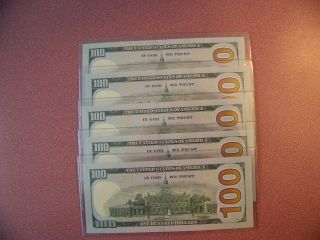 Five $100 One Hundred Dollar Bills sequential Serial Numbers uncirculated 2013 2