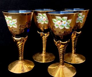4 Bohemian Cobalt Blue Sherry Glasses With Textured Enamel Flowers & 22ct Gold