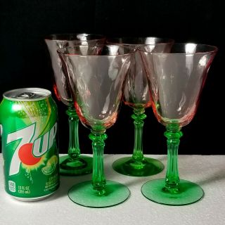 Set Of 4 Tiffin " Watermelon " Pink & Green Wine Glasses Stem,  Stemware,  Crystal