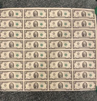 Uncut Sheet Of 32 2003 Series A $2 Two Dollar Bills,  Kept In Tube