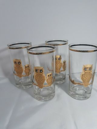 Vtg Set Of 4 Culver 22k Gold Golden Owl Tall Glasses 60 