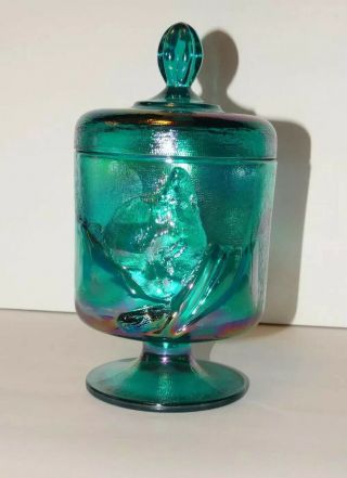 Rare 1988 Fenton Blue Green Teal Chessie Cat Candy Jar W/ Lid Carnival Glass C&o