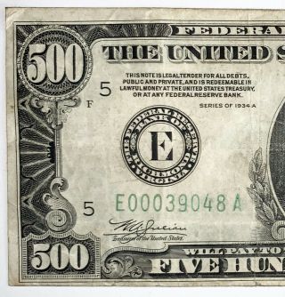 Very Fine 1934 A Richmond $500 Five Hundred Dollar Bill E00039048a