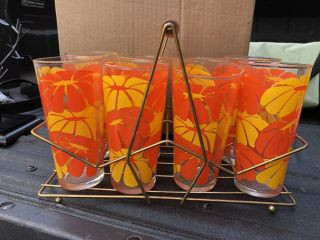 Vintage Mid Century Modern Set Of 8 Glasses In Gold Tone Metal Caddy