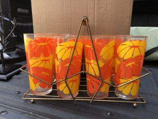 Vintage Mid Century Modern set of 8 glasses in Gold tone Metal Caddy 2
