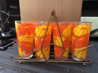 Vintage Mid Century Modern set of 8 glasses in Gold tone Metal Caddy 3