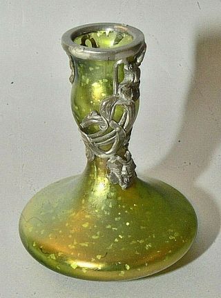 Antique Loetz Iridescent Flecked Green Art Glass Vase Metal Floral Overlay