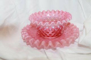 Vintage Fenton Cranberry Hobnail Opalescent Small Vase With Saucer Ruffled Edge