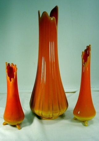 Mid Century Modern L E Smith Orange Slag Art Glass Set Of 3 Vases