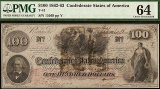 Unc 1862 $100 Dollar Bill Confederate States Hoer Note Civil War Csa T41 Pmg 64