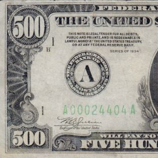 1 Day Boston 1934 $500 Five Hundred Dollar Bill 1000 Fr.  2201a 24404a