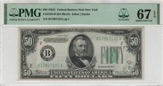1934 C $50 Federal Reserve Note Fr.  2105 - B Pmg Gem Unc 67 Epq Top Pop 4/0