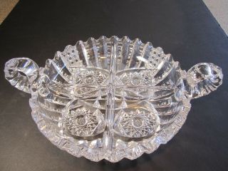 Large Old Signed Libbey American Brilliant 4 Part 2 Handled Cut Glass Bowl