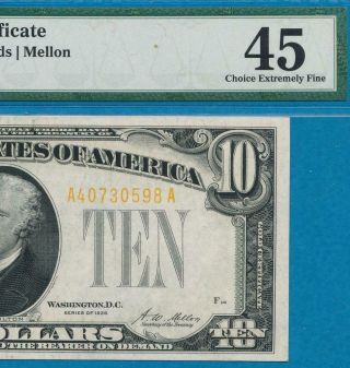 $10.  1928 Gold Seal Gold Certificate Pmg Certified Xf45