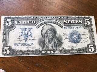 1899 United States Five Silver Certificate Indian Native American $5 Dollars