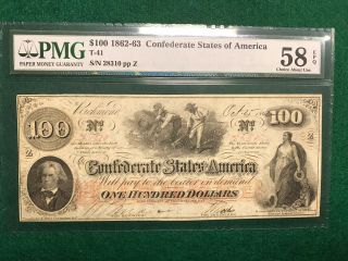 1862 - 1863 $100 Dollar Confederate States Note Maj.  Jf Cummings T - 41 Pmg 58