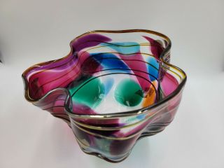 1993 Scott & Laura Curry Multi - Color Red Blue Purple Green & Gold Art Glass Bowl