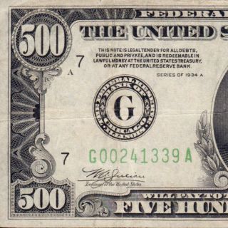 Vintage Us Currency 1934a Chicago $500 Five Hundred Dollar Bill Fr.  2202g 241339a