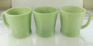 3 Vintage Fire King Jadeite D - Handle Oven Ware Mugs / Cups Anchor Hocking
