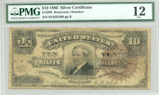 $10 Series 1886 Ornate Back Tombstone Silver Certificate (fr.  296) Pmg Fine 12