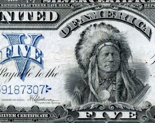 Hgr Sunday 1899 $5 Silver Certificate ( (indian Chief))  Awesome Grade