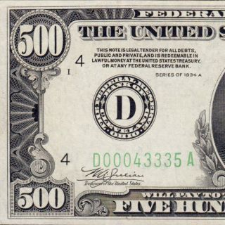 Cleveland Au 1934a $500 Five Hundred Dollar Bill Fr.  2202 D00043335a
