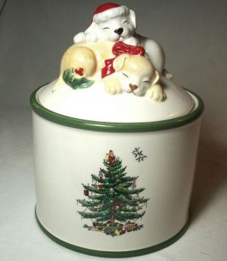 Spode Christmas Tree: Puppies Dogs Treat Candy Jar W.  Lid: Exc:nr