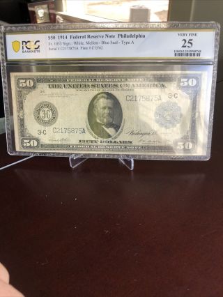 1914 $50.  00 Blue Seal Federal Reserve Note - Pcgs Vf25 Small Tear - Philadelphia