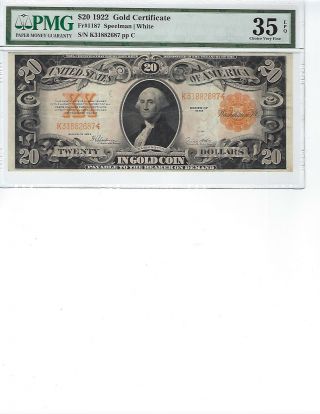 1922 $20 Gold Certificate Fr1187 Pmg 35 Ch Vf Epq Spellman/white