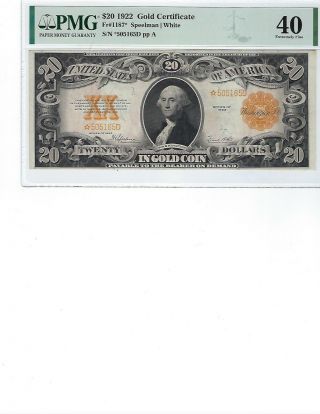 1922 $20 Gold Certificate Fr1187 Pmg 40 Xf Spellman/white,  Star Note