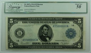 1914 $5 Five Dollar Boston Ma Federal Reserve Note Frn Fr.  847a Legacy 50