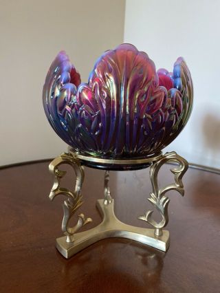 Fenton Glass Lotus Rose Bowl Plum Opalescent Carnival With Brass Stand