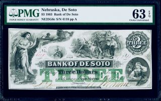 $3 1863 Bank Of De Soto Nebraska,  De Soto Pmg 63 Epq Choice Uncirculated