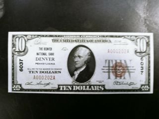 1929 Type 1 $10 The Denver National Bank Of Pennsylvania Note