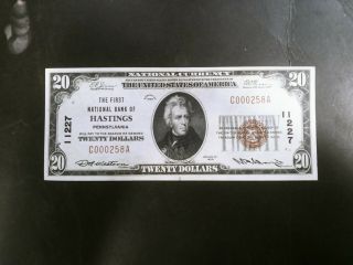 1929 Type1 $20 First National Bank Of Hastings Pennsylvania Note