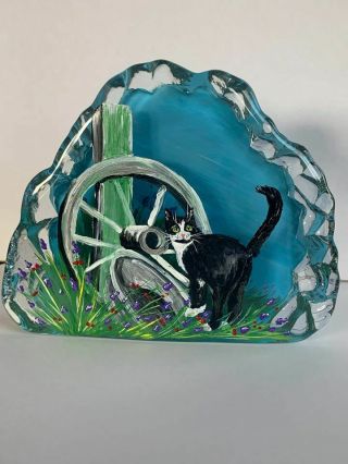 Fenton Paperweight Black White Cat Old Fence Wheel Scene Ooak Rachelle
