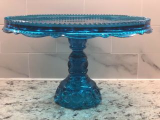 Vintage Le Smith Moon And Stars Glass Blue Cake Plate Pedastal Platter