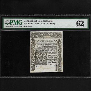 Ct - 194 Connecticut Colonial Currency 1 Shilling Pmg 62 Jun 7,  1776