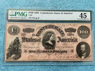 1864 Confederate States Of America One Hundred Dollar Bill Pmg Certified