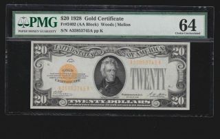 1928 $20 Gold Certificate Pmg 64 Fr 2402 Item 8048046 - 034