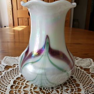 Vintagw Dave Fetty Fenton Pulled Feathered Glass Vase Iridescent Maroon Green
