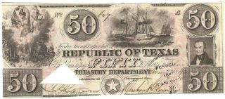 Texas,  Republic Of,  Austin,  Cr.  - A07 Red Back Treasy Note $50 Jan 27,  1840 Cocau,
