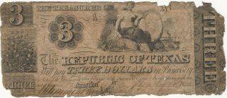 Texas,  Republic Of,  Austin,  Cr.  - A03 Red Back Chg Note $3 A,  Aug 20,  1840 Vg