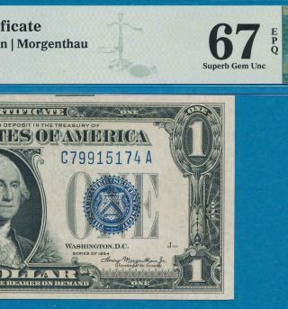 $1.  00 1934 Funny Back Blue Seal Silver Certificate Pmg Gem 67epq