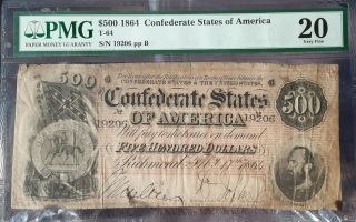T - 64 1864 $500 Csa Confederate Note " Stonewall Jackson " Pmg 20 - Very Fine.