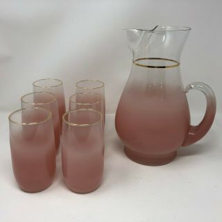 Vintage Blendo Pink Pitcher 6 Glass Set Mid Century Serving Barware Gold Trim